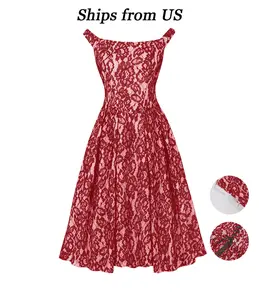 Women's Lace Short Sleeve Dress Square Neck Ruffle Hem Slim Flare Midi Dress Retro Romantic Elegant Cocktail Wedding Guest Formal Evening Event Homecoming Birthday Fashion Floral Dress Womenswear Check OutdoorFun Red Fit Summer Vintage
