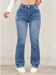 Women's Light Blue Denim Jeans, Casual Slim-Fitting Elastic Ripped Bell Bottoms, All Seasons Versatile Pants, Plain Style
