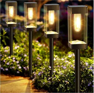 Solar Pathway Lights 8 Pack LED  Solar Outdoor Lights, Upgraded Stainless Steel Driveway Lighting with Tungsten Filament Bulb for Yard, Landscape, Garden, Walkway, Lawn, Path