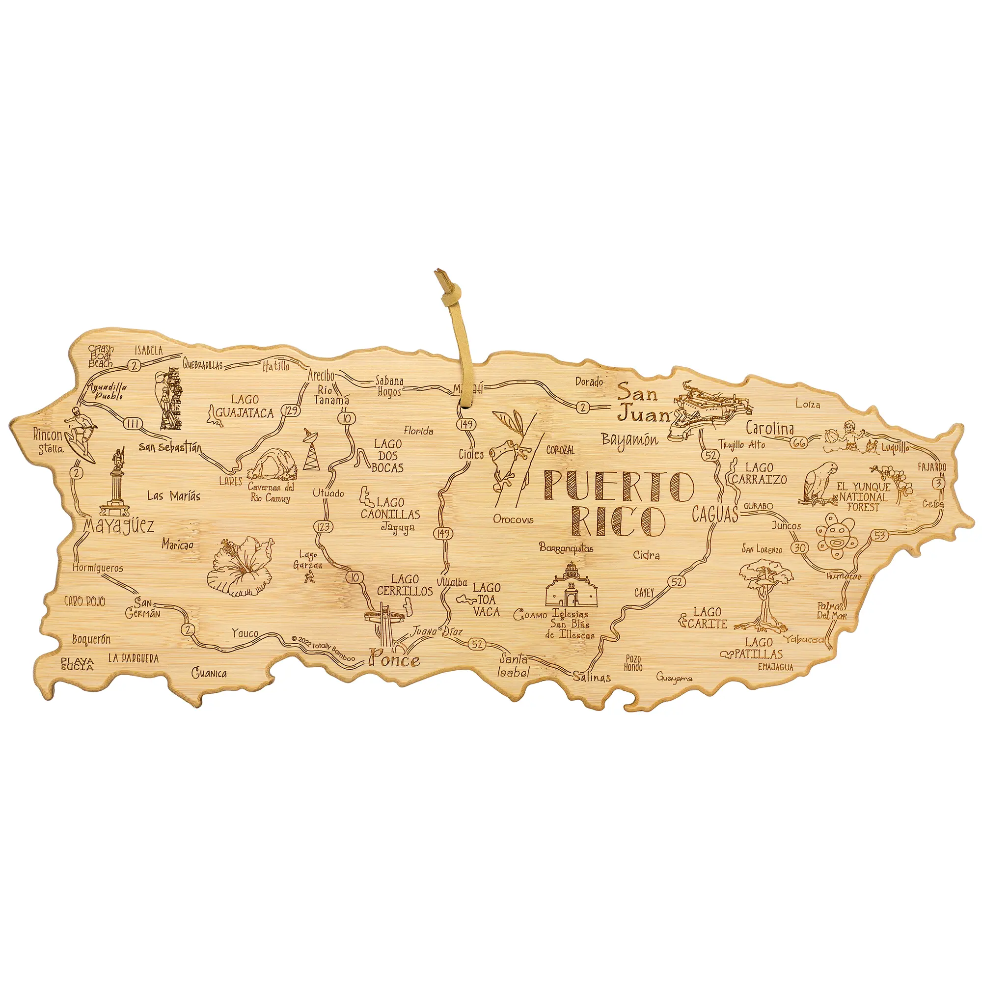 Totally Bamboo Puerto Rico Cutting Board, Engraved Bamboo Map Charcuterie & Serving Board with Hang Tie for Wall Art