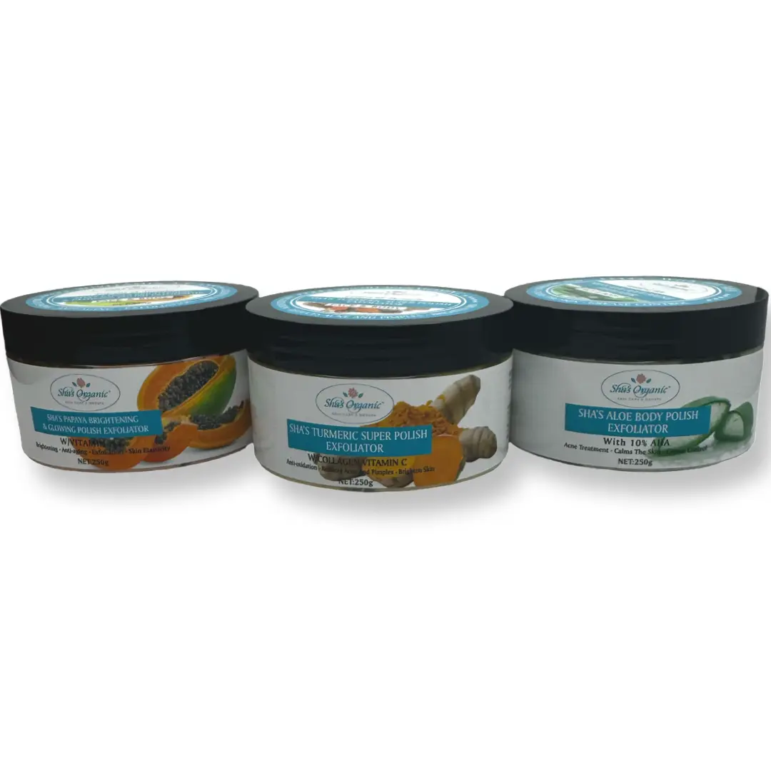 Sha's Organic Skincare Body Polish Bundle, Gentle Exfoliating Scrub for Brightening and Smooth Skin, 3-Piece Moisturizing Body Care Set with Aloe, Turmeric & Papaya, Exfoliate, All Skin Types, Multi-Pack, Repair, Vanilla, Adults, Tomato, Brightens, 250Ml