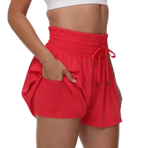 Flowy Athletic Shorts for Women High Waist Skort with Pockets Elastic Waist Drawstring Tummy Control Summer Clothes for Gym Workout Running
