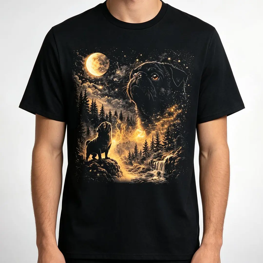 Dog Lover T-Shirt | "Pug Howling At The Moon" Retro Graphic Tee | Cute Animal Shirt for Pet Lovers, Shortsleeve, Casual, Tshirt, Round Neck, Menswear Fashion Stylish, Christmas