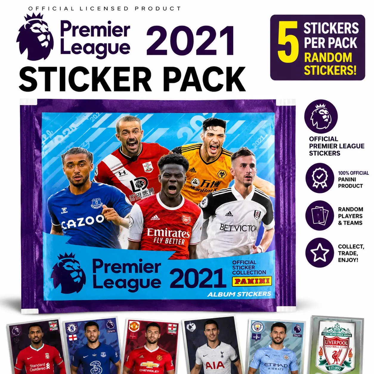 PANINI Premier League 2021 Random Sticker Pack – 5 Stickers Per Pack, Soccer Player Collectible Stickers, Random Players & Designs for Football Fans