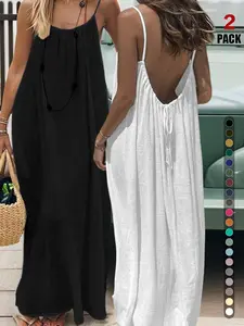 Women's Camisole Backless Loose Long Dress, Solid Boho Style, Sleeveless Home Wear, All Seasons Fashion, Comfortable Fit