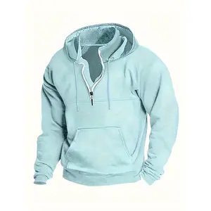 Men's Fashion Navy Blue Hooded Sweatshirt - 100% Polyester, Long Sleeve, with Pocket Zipper Hoodie, Machine Washable - Suitable for Sports and Casual Wear