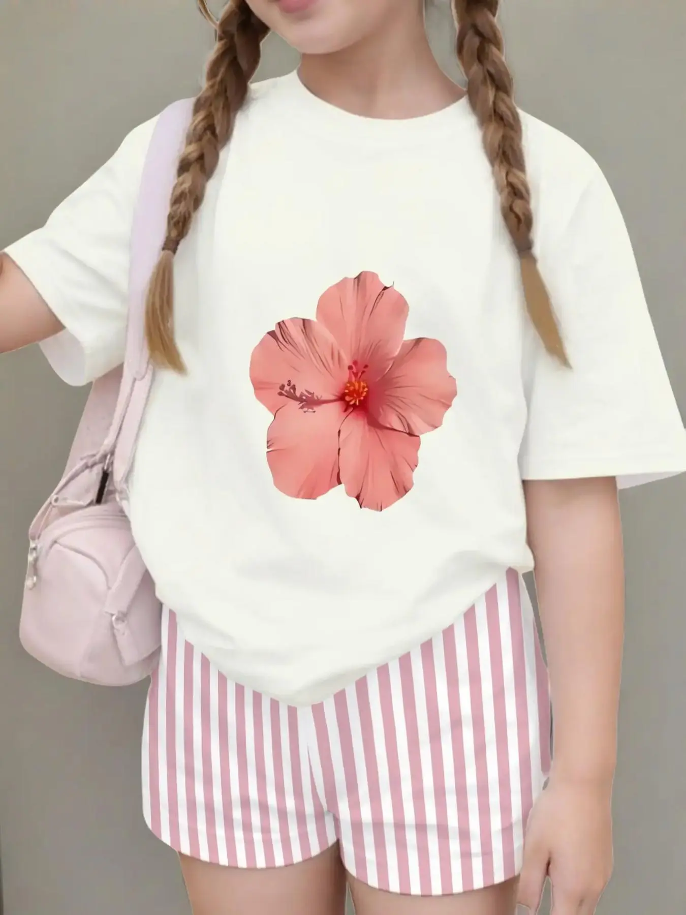 Girls' Hibiscus Flower Print Striped Shorts Set, Summer Fashion Casual Short Sleeve, Loose-Fitting All-Season Suit, Tropical Print Set, Summer Outfits Set, Summer Clothing Set