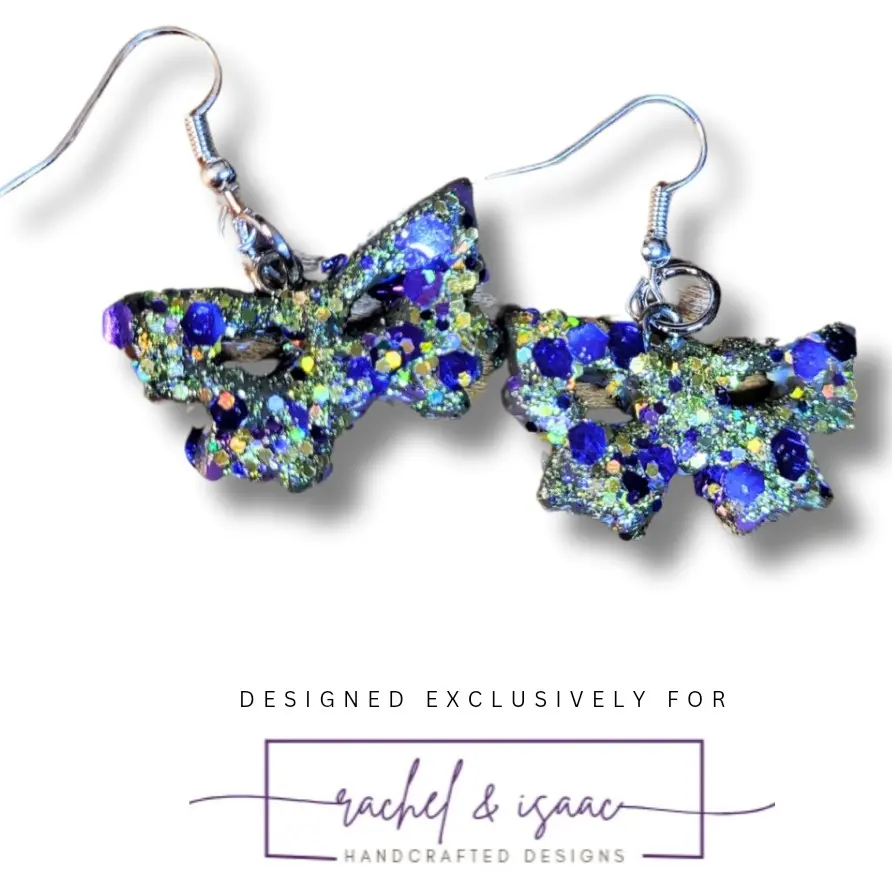 Mardi Gras Glitter Mask Dangle/Drop Earrings by Rachel and Isaac for Mardi Gras Collection.