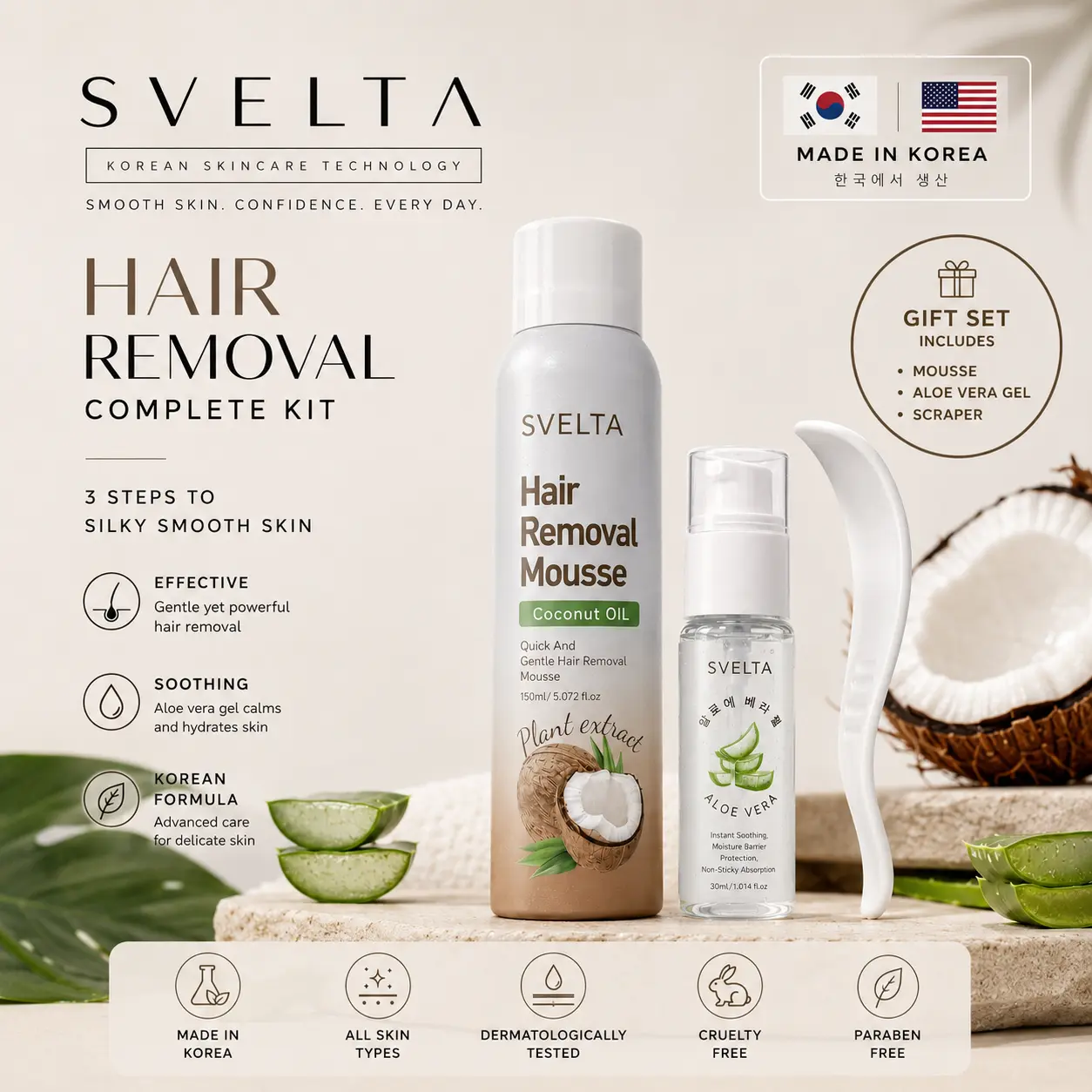 SVELTA K-Beauty Hair Removal Mousse Kit, Coconut Oil Depilatory Foam with Aloe Vera Gel & Scraper, 3-Step At-Home Hair Care Routine, Korean Beauty Formula (150ml + 30ml)