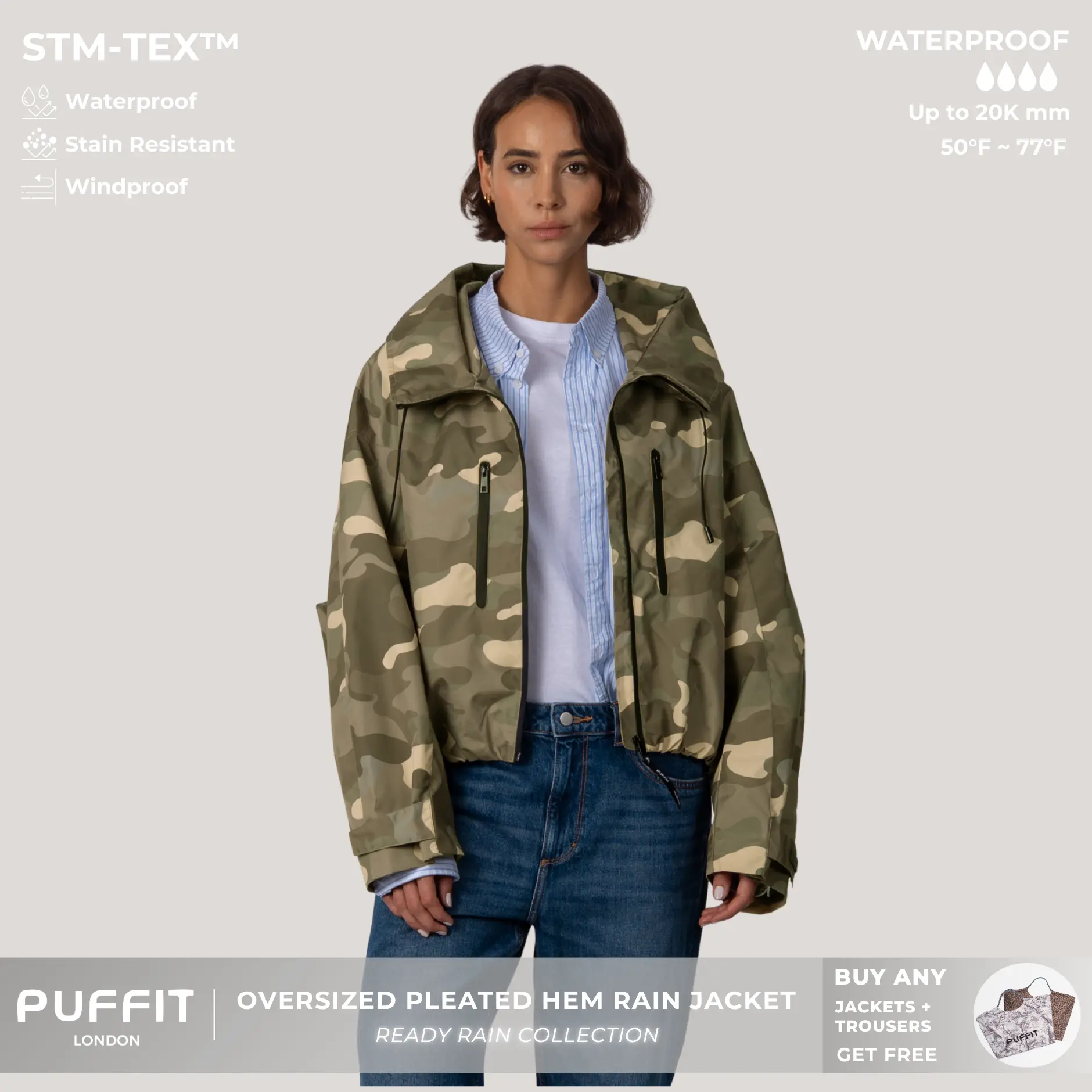 【Restocked】PUFFIT STM-TEX Short One-Size Rain Jacket With Pleated Hem,Hooded Jacket,Waterproof Jacket,Women Jacket,Wide-Brim Hood,Adjustable Cuffs,Zips,Outdoor Sport,Windbreaker,Fall,Winter,Dog Walking,School Running,Stylish,Womenswear,2026 Shopping