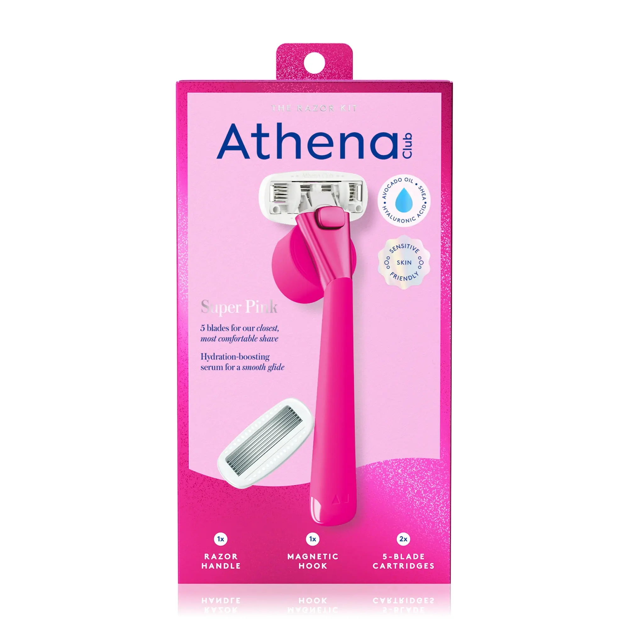 Athena Club 5-Blade Women's Razor Kit Super Pink 1 Handle 2 Blade Refills Magnetic Hook for Comfortable Shave Anti-Slip Ergonomic Design