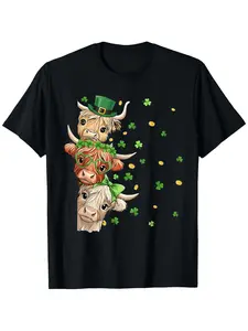 St Patrick's Day Scottish Cow T-Shirt with Shamrock & Scottish Cow - Unisex Loose Fit for &, Highland Heifer Bow Top for Parades, Parties, Gifts (Shirt Only) - Casual Irish-Themed Apparel for, Family Events,