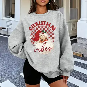 Women's Christmas-themed Pattern Crewneck Sweatshirt - 'CHRISTMAS' Santa Claus Christmas Print, Cotton Crewneck Sweatshirt, Breathable and Slightly Stretchy Casual Christmas Hoodie