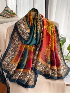 Women's Elegant Plants Print Silk Scarf, Fashionable Soft Comfortable Floral Print Shawl for Daily Wear, Casual Versatile Satin Scarf for Women, Boho Style Scarf, Paisley Print Scarf, Floral Pattern Shawl