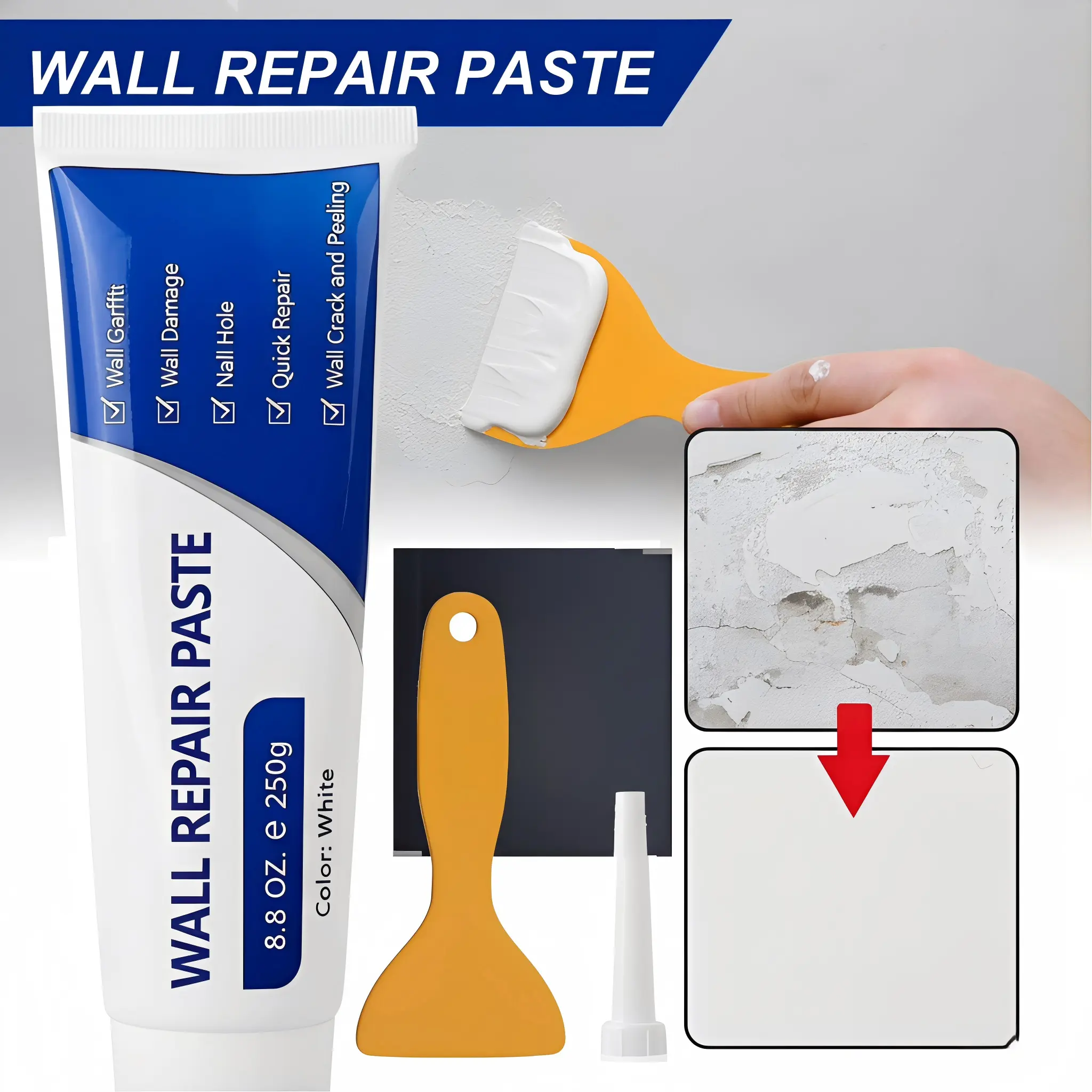 250g Wall Repair Paste, Quick-Dry Drywall Patch Kit, Multi-Purpose Wall Crack Filler, Waterproof Heavy Duty Wall Mending Compound, Concrete Repair Adhesive for Home DIY Wall Repair White Spackle