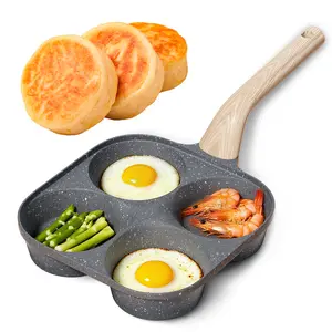 4-Cup Nonstick Egg Frying Pan, Granite Coating Breakfast Skillet with Wooden Handle, Multi-Section Omelet Pancake Pan for Eggs, Toast & Crepes, Easy Clean Cookware for Gas Stove & Induction Non-stick Multifunctional