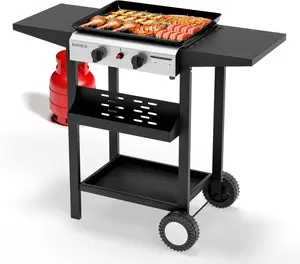 ROVSUN 2 Burner Portable Propane Griddle with Nonstick Enameled Tray, 20000 BTU Rolling Flat Top Gas Grill with Electronic Ignition, Side Shelves & Regulator for Outdoor Cooking Camping BBQ Tailgating