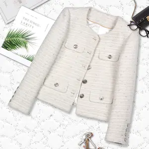 woolen top, white coarse woolen, socialite's small fragrant style round neck jacket, dating temperament women's clothing
