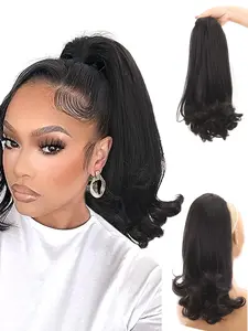 16" Natural Black Mid-Length Micro-Curly Drawstring Ponytail – High-Temperature Synthetic Hair Extension for Daily Wear