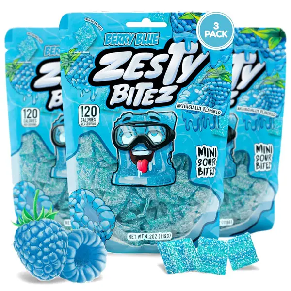 Zesty Bitez Sour Candy, Sour Belts, Blue Raspberry, Sour Gummy Candy Bulk Pack, Thin Strips of Sour Candies, Bite-Sized Sweet and Sour Gummies, Resealable 3 Pack