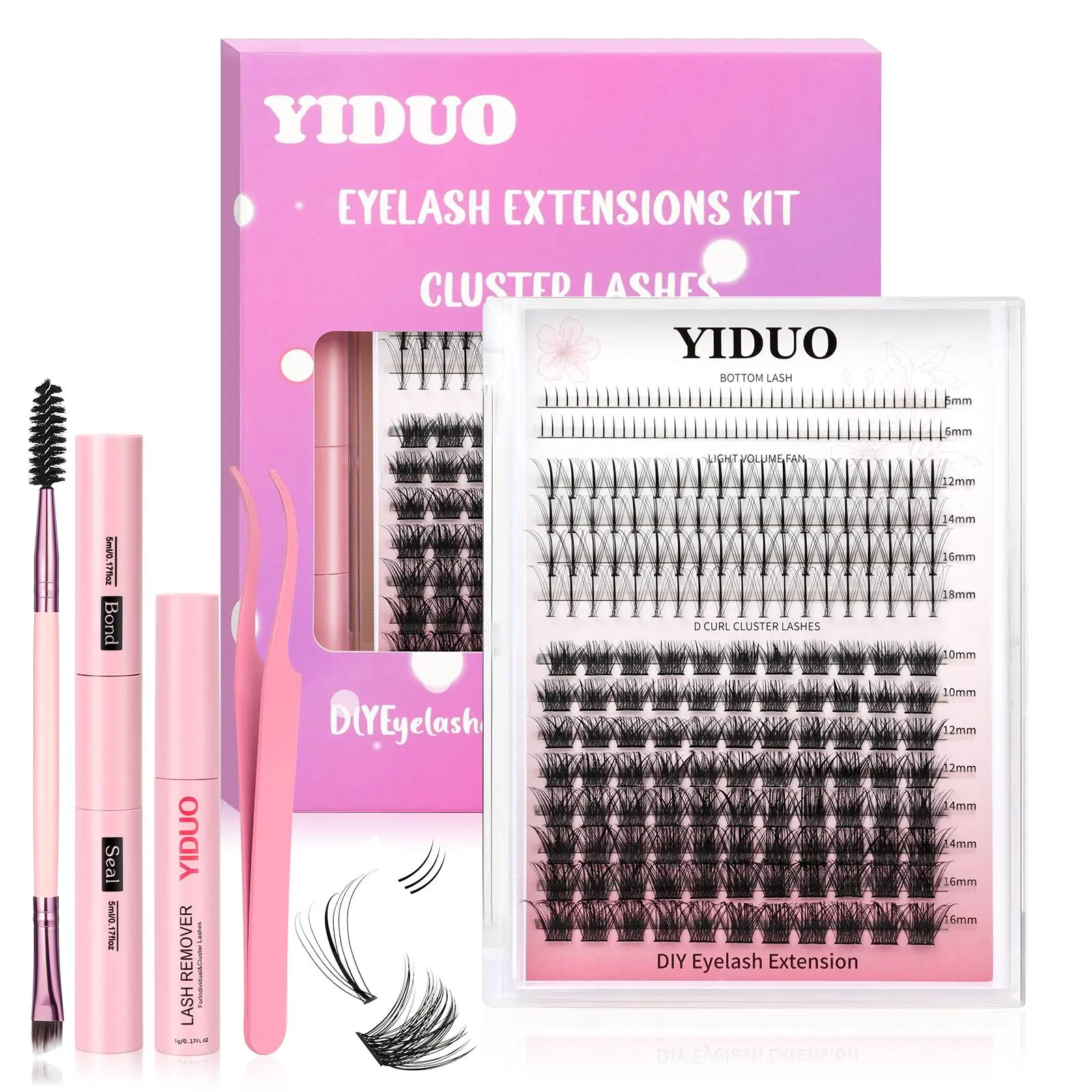 Eyelash Extension Kit, Eyelashes Extension Set, 1 Box Individual False Eyelashes Extensions & Eyelash Glue & Tweezers & Brush, DIY Eyelash Clusters, Eye Makeup Enhancement Tool for Women, Cosmetic