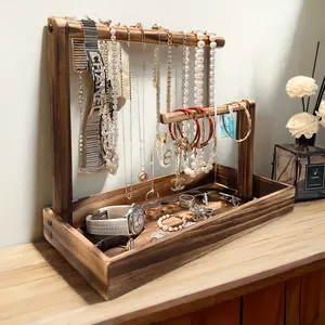 Wooden Jewelry Display Stand with Tray 1 Piece, Multi-functional Organizer for Bracelets Bangles Watches Beads Necklaces, Desktop Storage Rack for Women Girls, Home Jewelry Organizer