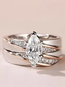Fashion Marquise Design Couple Ring Set Rhinestone Decor Dainty Stacking Rings for Women & Man Delicate Jewelry Perfect for Engagement Weddings, Daily Wear Anniversary Gift Bridal Engagement Ring Stackable Rings Set