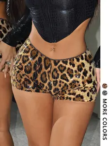 Women's Leopard Print Contrast Sequin Shorts, Fitted Fashion Shorts, Fashion Casual Shorts for Daily Outdoor Wear, Ladies Bottoms for Summer