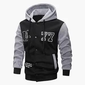 Men's polyester hooded jackets, spring & autumn outdoor sports printed sweatshirts, buttoned cardigan color-block coats – trendy casual men's clothing.
