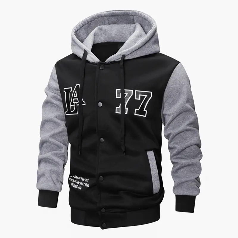 Men's polyester hooded jackets, spring & autumn outdoor sports printed sweatshirts, buttoned cardigan color-block coats – trendy casual men's clothing. Long Sleeve