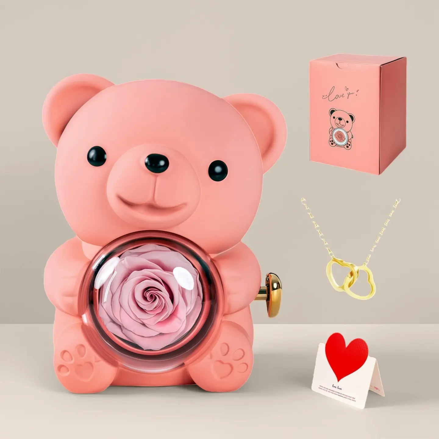 Eternal Love Soft Cuddly Female Teddy Bear Gift Pack Set - Preserved Rose, Necklace in Elegant Storage Box, Bridal Gift, Anniversary Present (Purple, Red, Pink), Soft Cuddly Gift