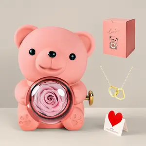 Mother's Day Gift for Mom Eternal Love Bear Romantic Purple Teddy Bear with Preserved Rose & Necklace in Elegant Gift Box for Women Valentine's Day Weddings Anniversaries Birthdays Christmas Set  Flowers(Purple,Red,Pink)