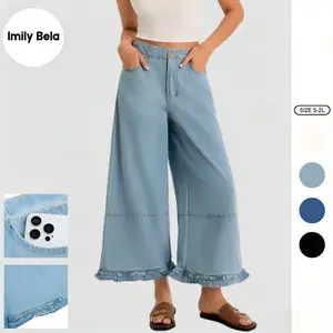 Imily Bela Womens Ruffle Wide Leg Jeans Cropped Elastic High Waisted Baggy Denim Pants with Pockets