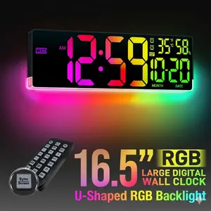 16.5" Large RGB Digital Wall Clock with Timer, 13 Lighting Modes, Dual Alarms, Auto DST, Temperature & Humidity Display, Ideal Back to School Gift for Classroom, Bedroom, Dorm, No Bluetooth