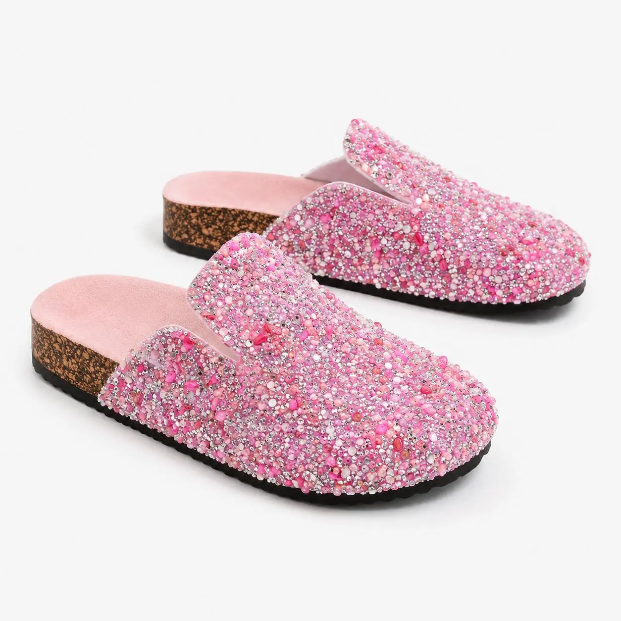 Women’s Rhinestone Clog Mules, Sparkly Slip-On Slippers with Cork-Look Footbed for Casual Daily Wear, Clogs