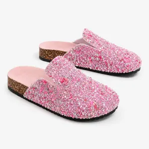 Women’s Rhinestone Clog Slippers, Sparkly Slip-On Comfort Mules with Cork-Look Footbed for Casual Daily Wear