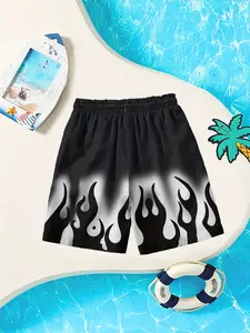 Cool Flame Print Boys' Swim Trunks, Quick-Dry UV Protection Beach Shorts, Summer Essential Swimming Gear, Casual Loose Fit Drawstring Waist, Swimwear Shorts