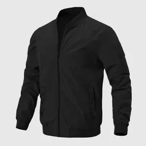 Men's Black Jersey Bomber Zip-Up Jackets - Sporty Chic Long Sleeve Lightweight Windbreaker Coats, Plain Casual Street Outerwear, Father’s Day Gift