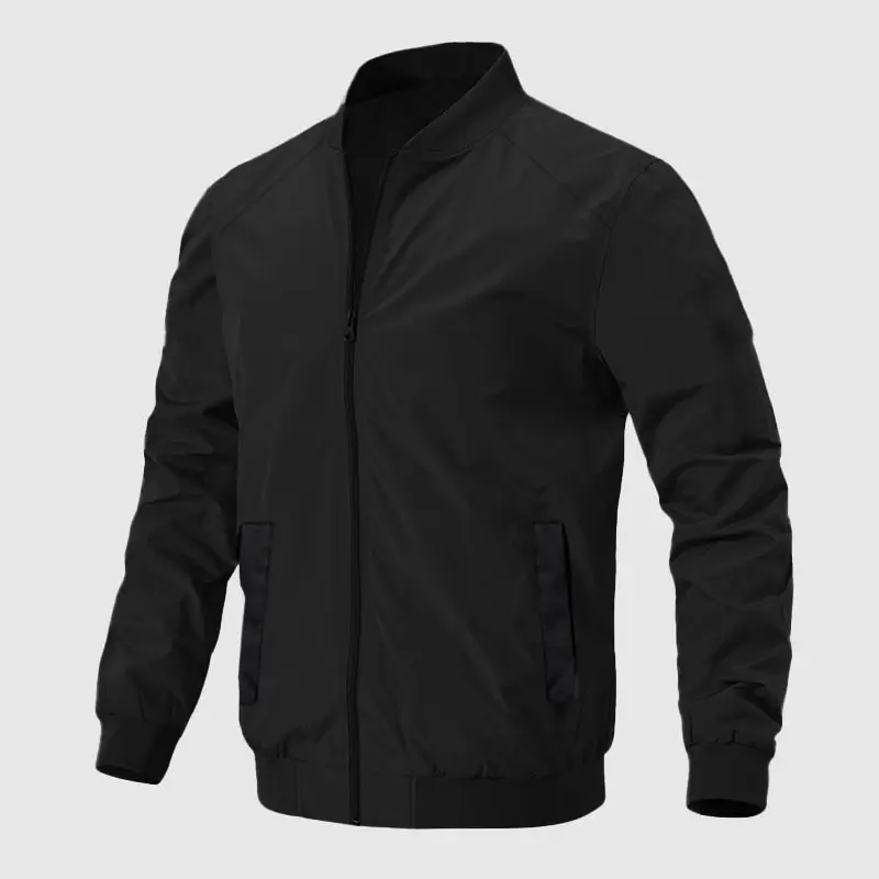 Men's Black Jersey Bomber Zip-Up Jackets - Male Clothing Lightweight Windbreaker, Sporty Chic Long-Sleeve Plain Casual Street Outerwear, Father’s Day Gift