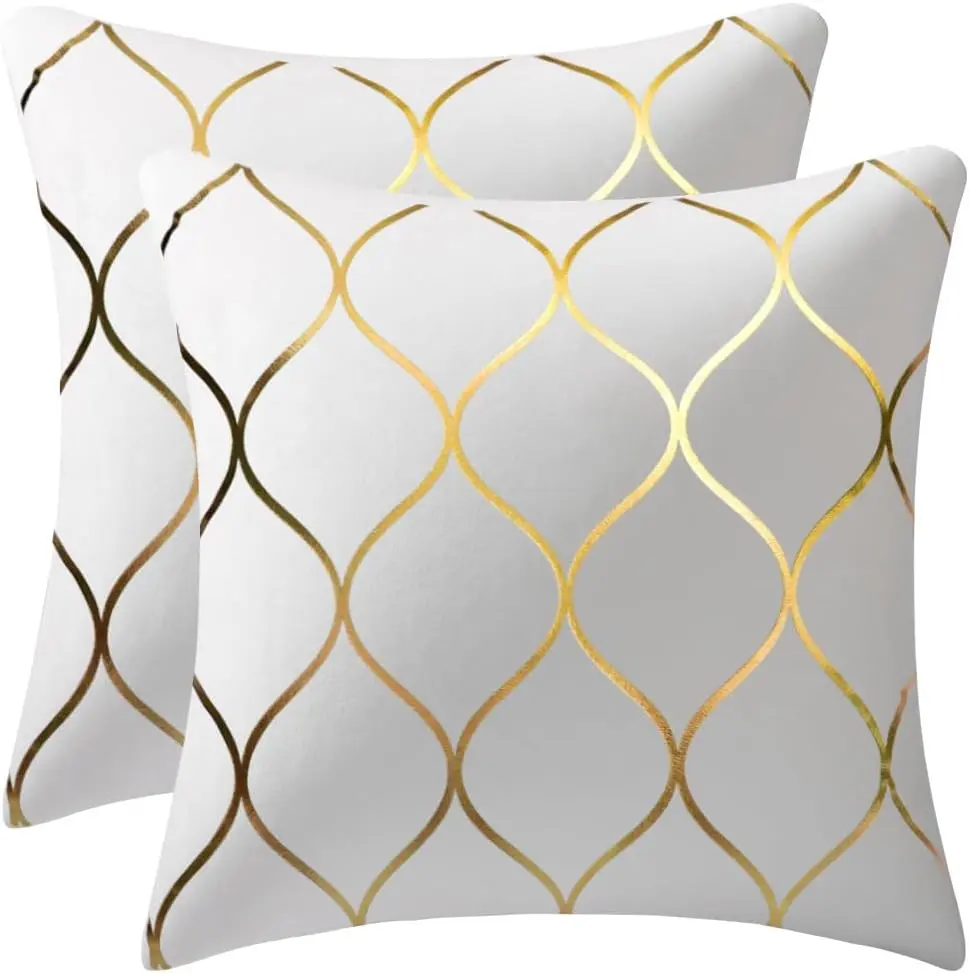 Gold Velvet Throw Pillow Covers, Off-White Geometric Cushion Covers, Set of 2 for Sofa & Bedroom (18X18 Inch) No Brand