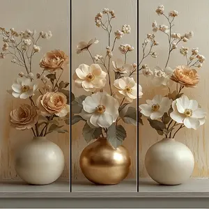 3 Piece Elegant Floral Vase Wall Stickers, Round Ceramic Vases with Dried Flowers, Nordic Style Decorative Self-Adhesive Decor