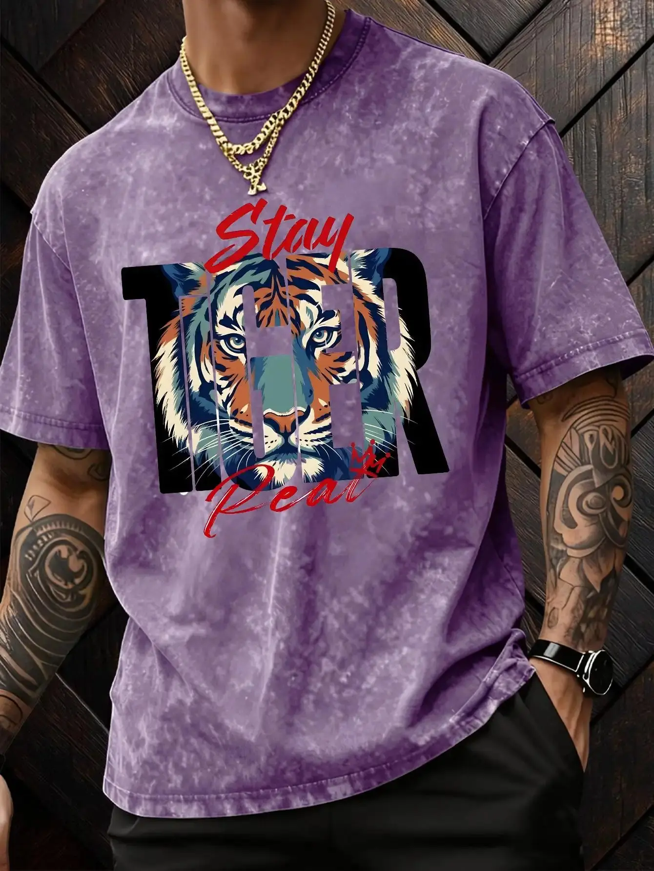 American-Style Washed Vintage Tiger Print T-Shirt/High Street Trendy Short Sleeves/Retro Streetwear Stay Real Loose Fit for Men