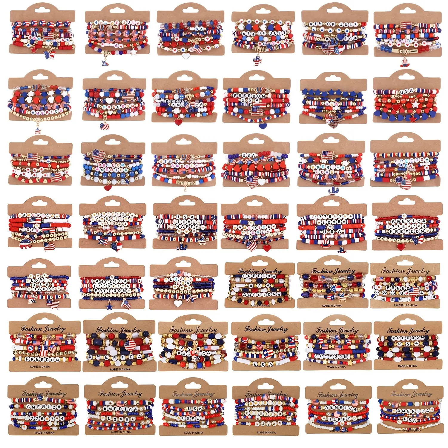 Women's Patriotic Flag Beaded Stretchy Bracelets - 32pcs Bulk Resin Stacking Jewelry, Fourth of July Accessories, 250th Independence Day Party Favors, Bracelets Stacking, Elastic Bracelet