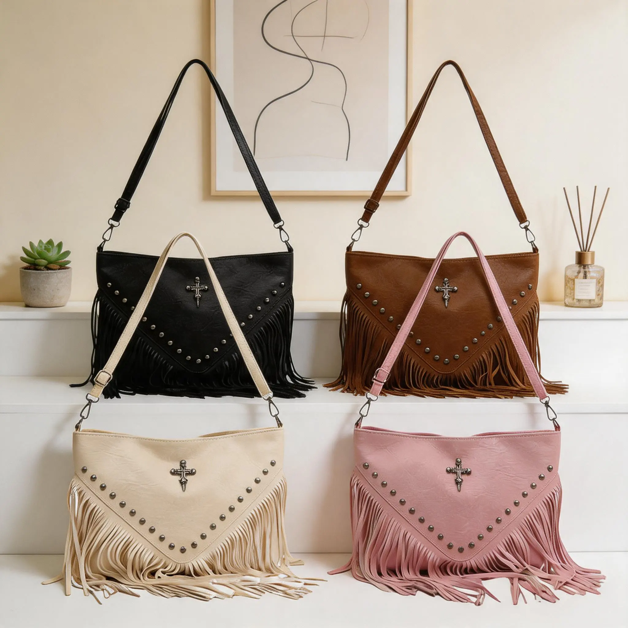 Vintage Leather Studded Fringe Bag, Boho Western Crossbody Purse with Cross Ornament, Cowboy Style Casual Shoulder Crossbody Bag, Large Capacity Hobo Tote for Women