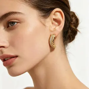 18K Gold Plated Hypoallergenic CZ Hoop Earrings for Women Trendy Chunky Curved Pave Diamond Stud Earrings 2026 Fashion Luxury Statement Jewelry for Everyday Wear Date Night Party Wedding Gift for Her Birthday Mothers Day Valentines Anniversary