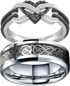 Infinite Love Heart Shaped Ring Set for Her and Him Silver Celtic Dragon Ring Matching Lover Couple Rings for Wedding Bands Anniversary Engagement Promise Rings Bridal Sets