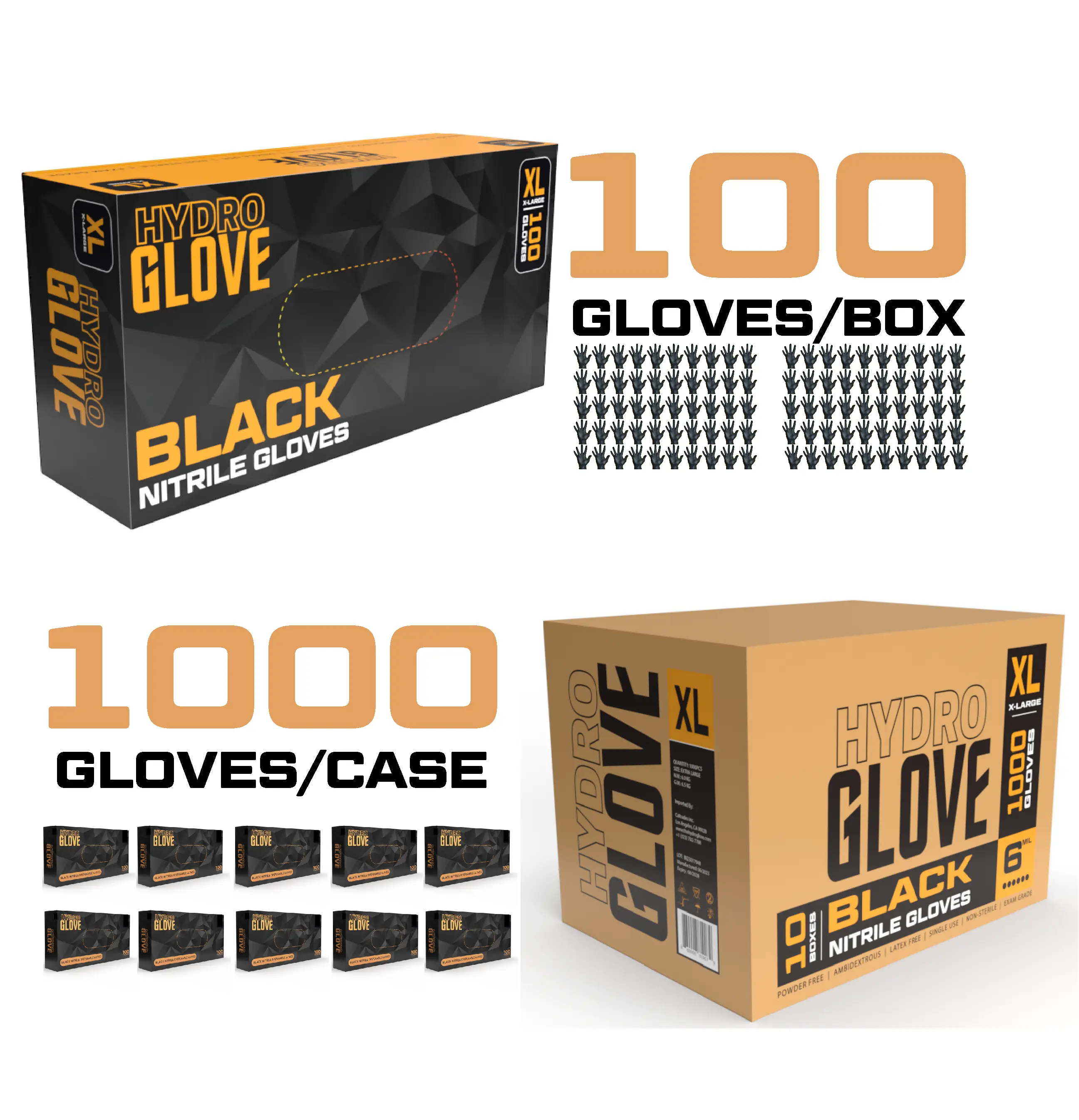 HydroGlove | 5-6 MIL Black Nitrile Gloves | Case of 1000 | Thick Heavy Duty, Powder Free, Latex-Free, Exam Grade, Food Safe