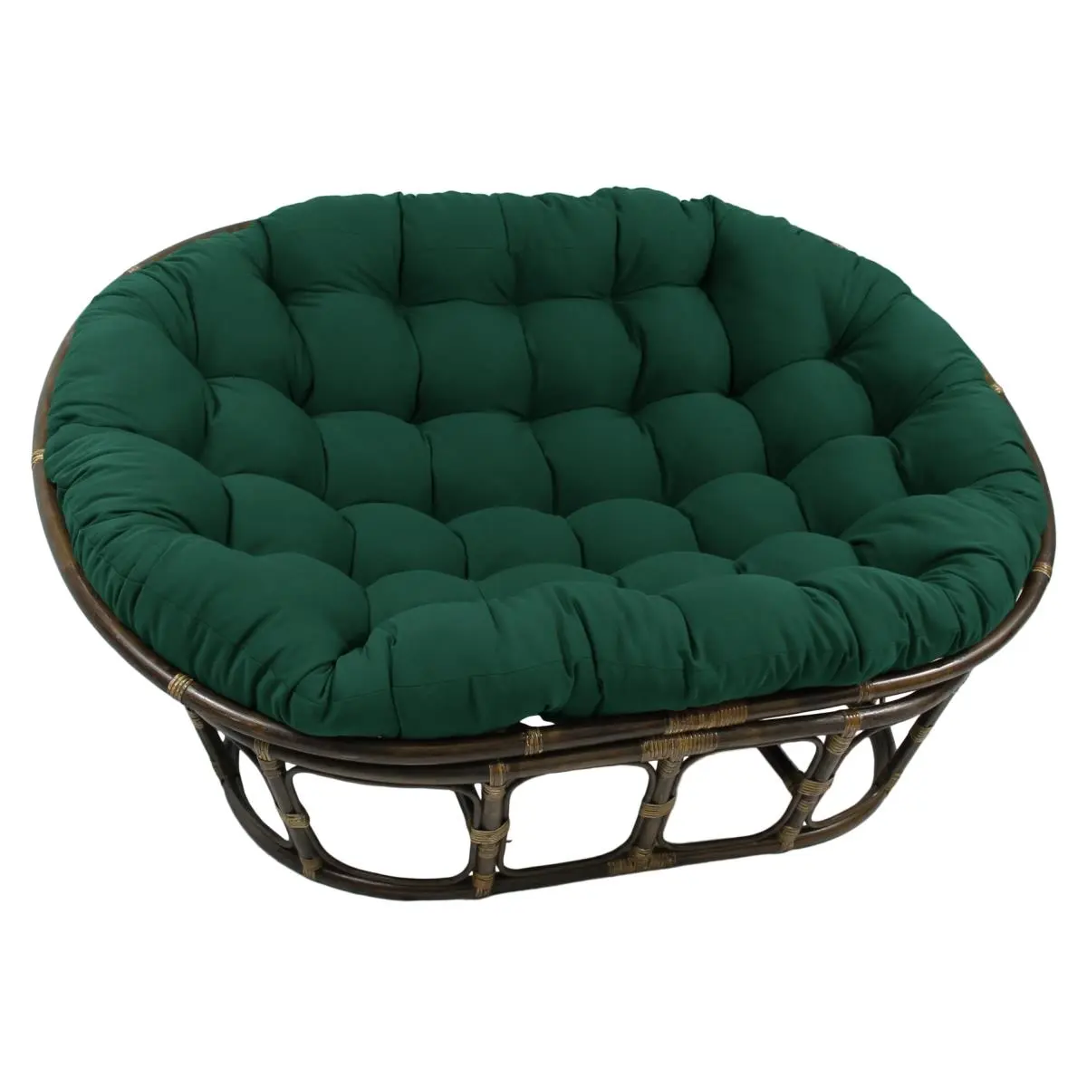 212 MAIN Bohemian Double Papasan Chair Wicker Rattan Set, Outdoor Furniture with 63x45 in. Rattan Frame, Forest Green Tufted Twill Fabric Cushion for Outdoor Use