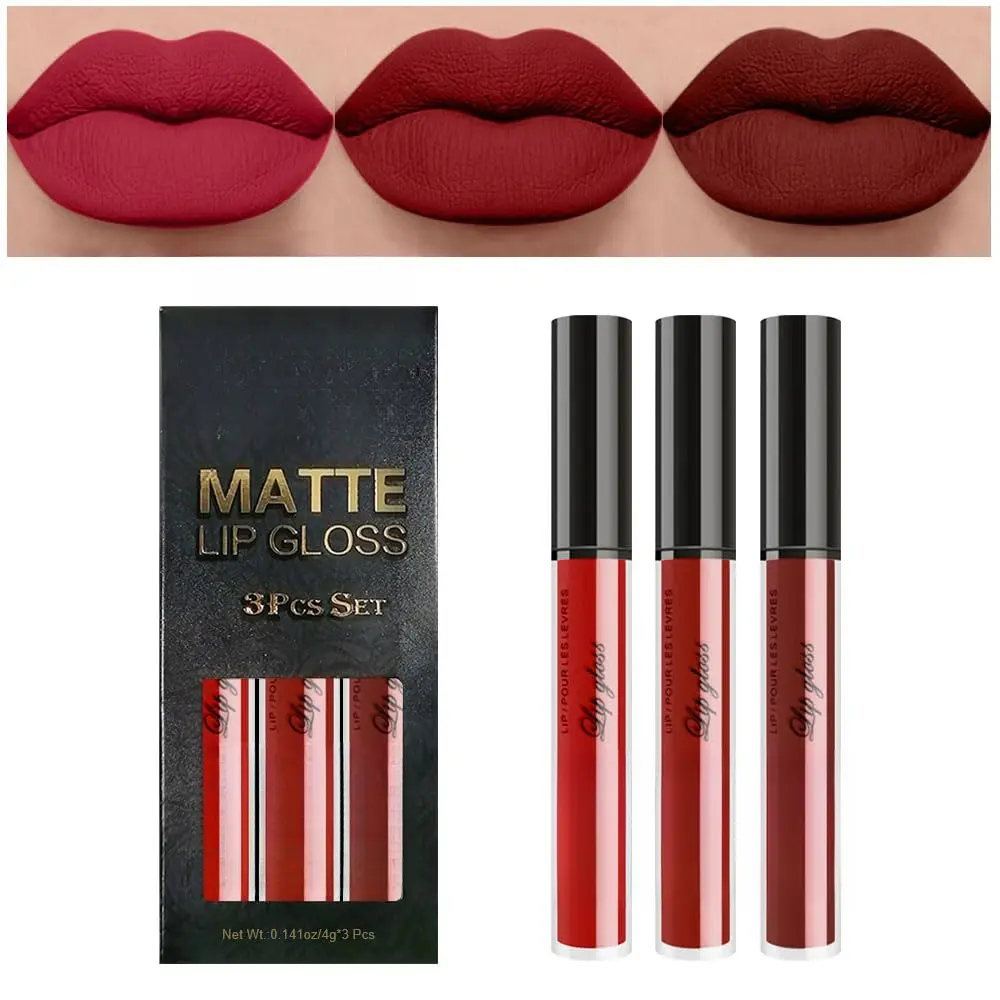 Women's 3Pcs Matte Liquid Lipstick Set - Dark Deep Ruby, Light Rose Red, Brown Red Shades, 24-Hour Long-Lasting, Smudge-Proof, Waterproof, Lip Stain Gloss, Makeup Cosmetic for Daily Use, Hydrating Gift Option, Beeswax, Lipgloss, Lightweight, Lip Care, Sil