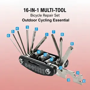 16 in 1 Bicycle Multitoo, Bike Repair Tool Kit16 in 1 Bicycle Multitool with Tire Levers Hex Spoke Wrench, Multi Function Accessories Set for Road Mountain Bikes
